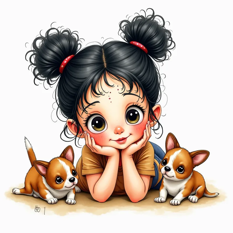 Expressive Innocence: Girl with Puppies - A highly detailed, whimsical watercolor and ink illustration. Depicts an anatomically precise young girl with black hair styled into two messy buns, a crooked smile, and expressive, oversized eyes. Freckles and playful puppies add charm as she lounges on her stomach, head resting on her hand. Vivid and bright color palette, following the rule of thirds, with a balanced, joyful mood. Inspired by Luis Royo and infused with Kandinsky’s lively, intricate style. 1:1 ratio. - AI image generated with Photorealistic 2