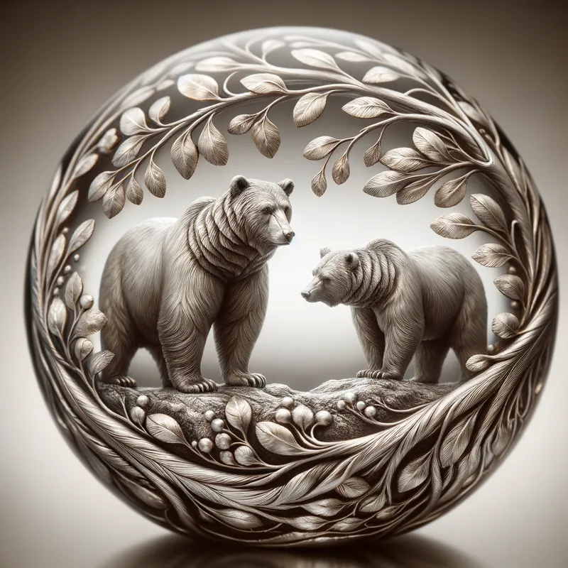 Exquisite Bear Motif Paperweight - A masterfully crafted paperweight made of platinum, showcasing two lifelike bears standing on their hind legs. Elegant leafed branches encircle the creatures, forming a delicate decorative motif. The image emphasizes the meticulous artistry and intricacy of the details, suggesting a unique, collector’s item blending natural majesty and fine art. - AI image generated with Art - fantasy art, sepia tone