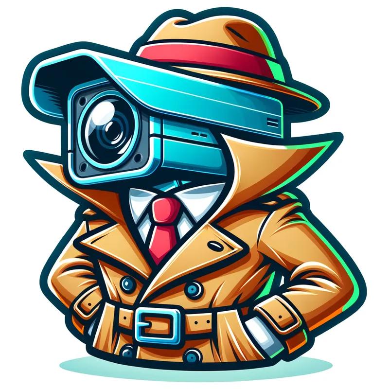 EyeSpySecurity - A single image that captures the essence of a diligent, almost detective-like cartoon surveillance camera, complete with a trench coat and hat, looking serious and focused on its task. - AI image generated with Art