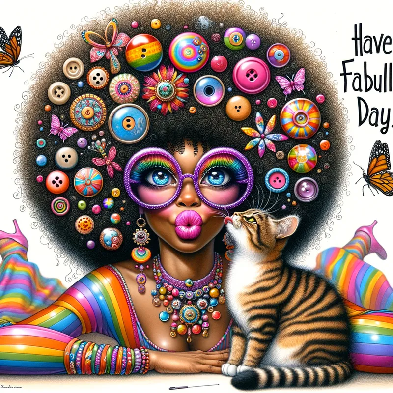 Fabulous Day Delight - A detailed artistic scene showing an Afro American woman with big, bright eyes and a large, colorful, curly afro filled with whimsical decorations including buttons, birds, and butterflies. She sports a pair of large round purple glasses and colorful accessories. Dressed in a rainbow-striped outfit, she sits on the floor and kisses a large tabby cat with brown and white fur, which has its tongue sticking out. The white background features the text 'Have a Fabulous Day!'. The theme exudes fun and playfulness. - AI image generated with Art