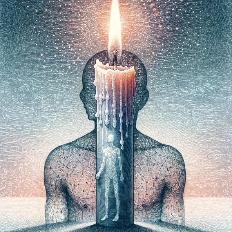 Fading Spark - A candle burning at both ends is superimposed over a transparent figure of a person. The candle represents their energy and life force slowly burning out. The background has a gradient from light to dark, symbolizing the fading vitality due to constant stress and pressure. - AI image generated with Art - chalk, stippling drawing, surrealismus