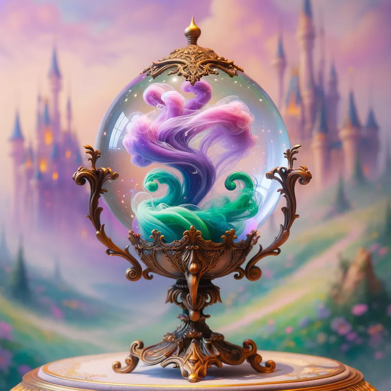 Fairy Tale Enchanted Sphere - A fairy tale-inspired enchanted crystal sphere sitting atop an ornate golden stand. Inside, purple and green smoke swirl in an enchanting dance. The background features a dreamy, pastel-colored landscape with castles in the distance. - AI image generated with Art