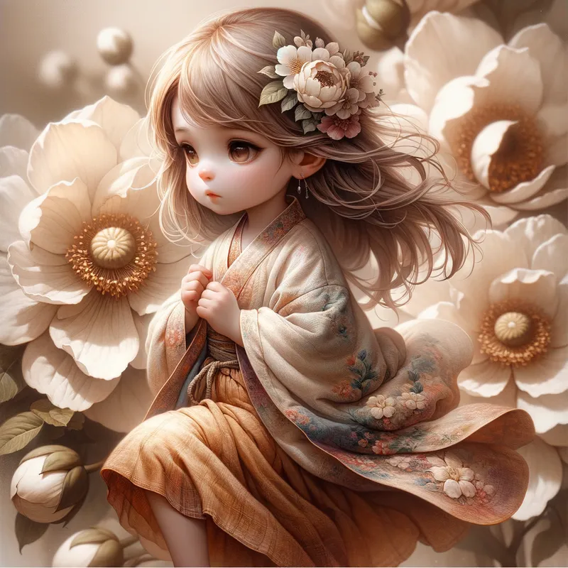 Fairy by the Blooming Riverbank - A thoughtful little chibi fairy girl in beautifully tattered, flowing garments. Rendered in airbrushed oil painting style, the image captures her ethereal beauty with a dreamy quality. Her hair dances in the gentle breeze on a background of big oversized flowers by the blooming riverbank. - AI image generated with Art