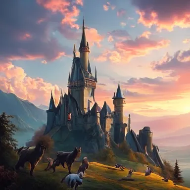 Fairytale Castle - A magnificent castle perched on a hilltop overlooking a lush valley. The sky is painted with hues of pink and purple as the morning sun rises, with fantasy creatures roaming the grounds.