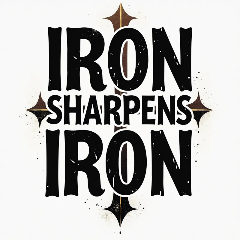 Faith_Sharpened - Bold typography of 'Iron Sharpens Iron' with a faint, elegant cross silhouette behind, creating a dynamic and inspiring shirt design. - AI image generated with Photorealistic 2