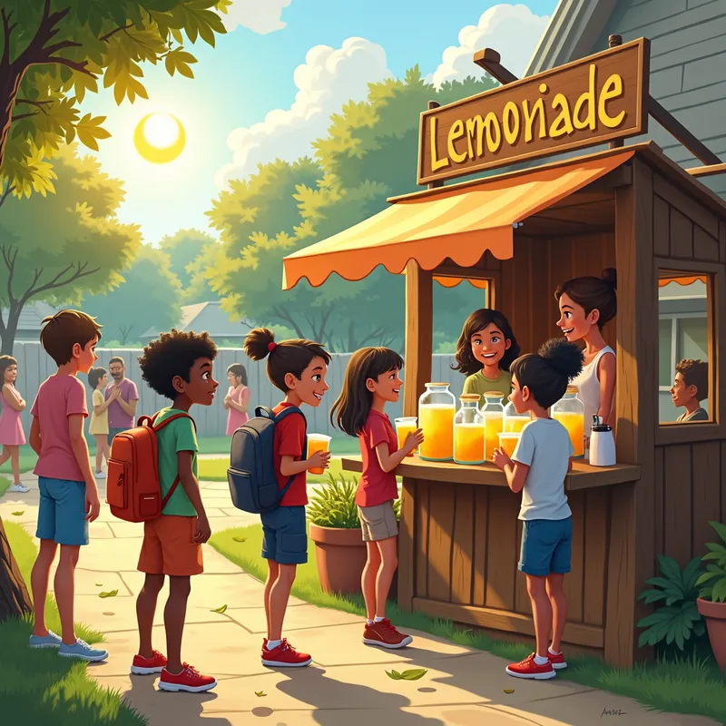 FaithfulLemonadeStand - An artistic portrayal of a group of ethnically diverse kids working at a lively Christian lemonade stand. The stand has a rustic design with faith-based decorations and the sun is shining brightly. Nearby, parents and other community members are engaged in cheerful conversation. - AI image generated with Photorealistic 2