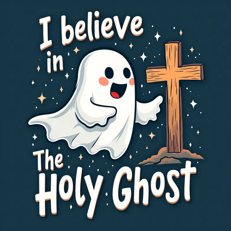 Faithful Phantom - A quirky t-shirt design with a friendly cartoon ghost hovering near a cross. The phrase 'I believe in ghosts, The Holy Ghost' is creatively integrated using bold, eye-catching letters that convey both humor and faith. - AI image generated with Photorealistic 2