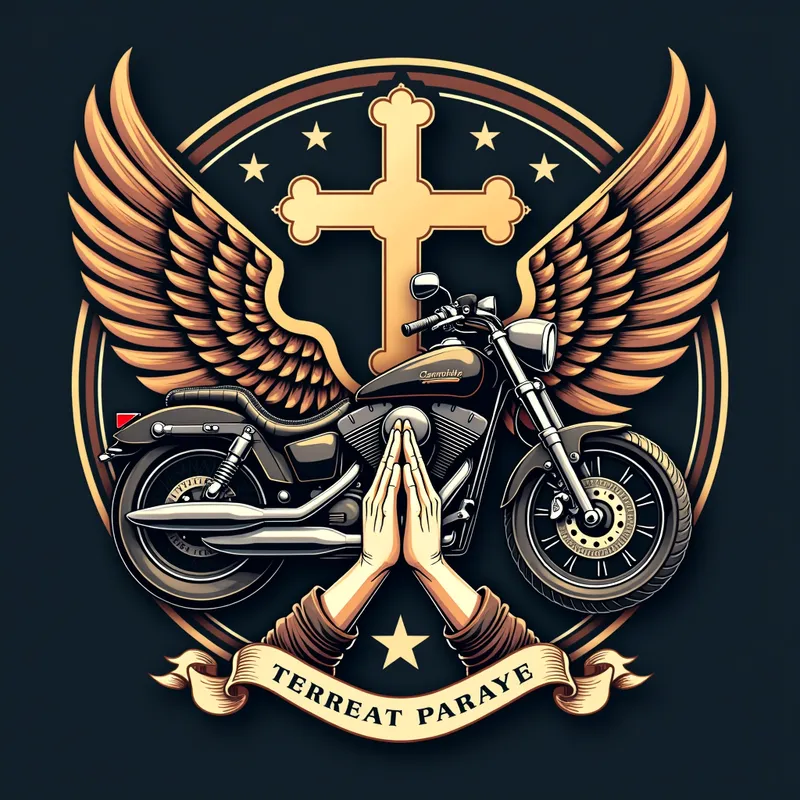 Faithful Rider Emblem - An emblem-style vector design for a T-shirt, incorporating a cross, motorcycle, and prayerful hands. - AI image generated with Photorealistic 2