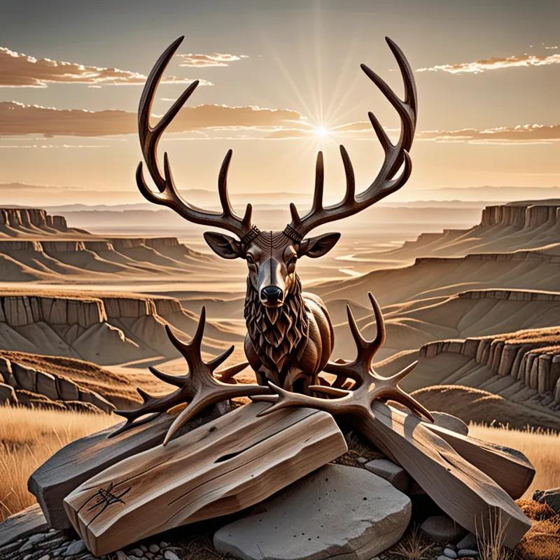 Faith in the Frontier - A powerful wilderness tableau showing a hand-carved wooden Christian cross mounted with symmetrical deer antlers, positioned on a rocky hill overlooking vast American plains. The image feels sacred and rugged, with cinematic dawn light and natural earth tones. - AI image generated with Fictional