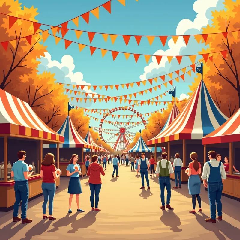 Fall Festival Fun - A lively fall festival scene with carnival rides, game booths, and delicious autumn treats. The area is decorated with strings of orange and yellow bunting, and there's a feeling of excitement and happiness in the air. People are enjoying caramel apples, cotton candy, and freshly baked pies as they take in the festive atmosphere. - AI image generated with Photorealistic 2