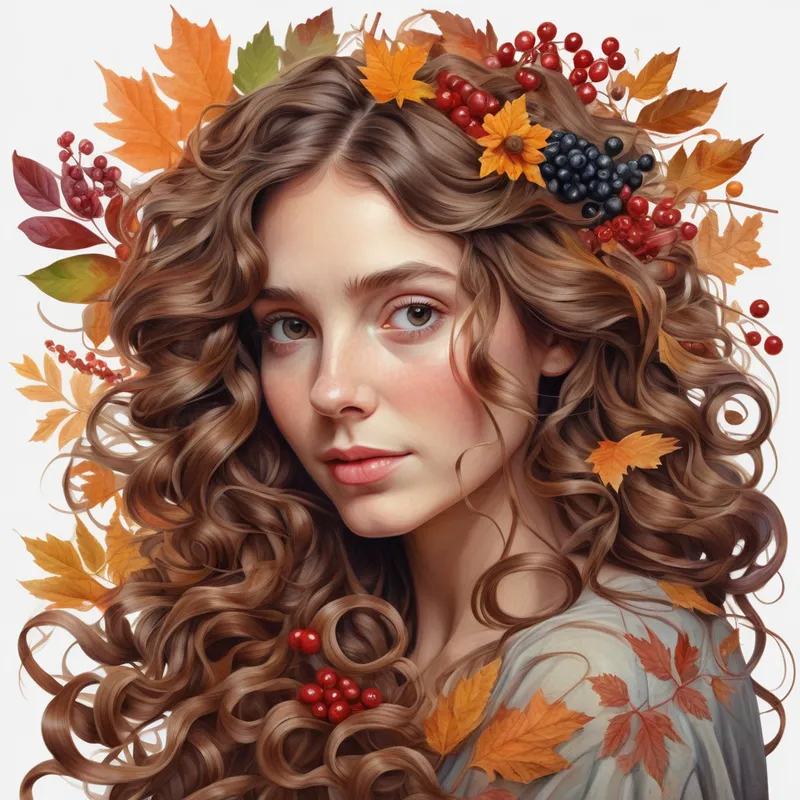 Fall Flora Dream - An ultra-detailed, colorful portrait of a woman with cascading wavy brown hair intertwined with autumn florals and berries, painterly yet realistic, isolated on a transparent background. - AI image generated with Photorealistic - chalk