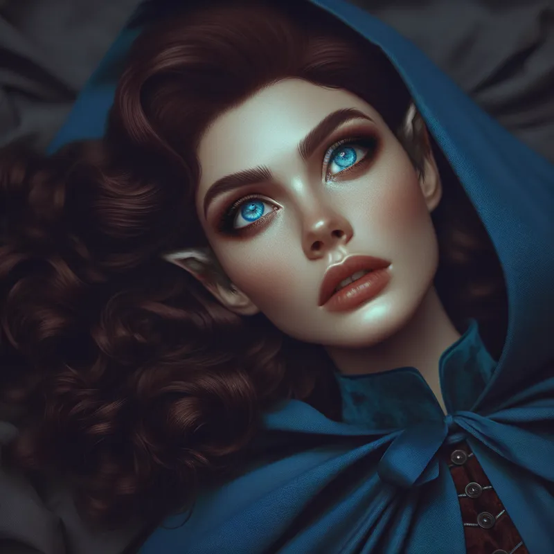 Fallen Wolf Cloak Maiden - A stylized illustration of a woman with soft brown curls, blue eyes, and wolf ears highlighted by her blue cloak. She lays prone in a dramatic pose, emotions of betrayal and despair written on her face, with a moody background. - AI image generated with Art