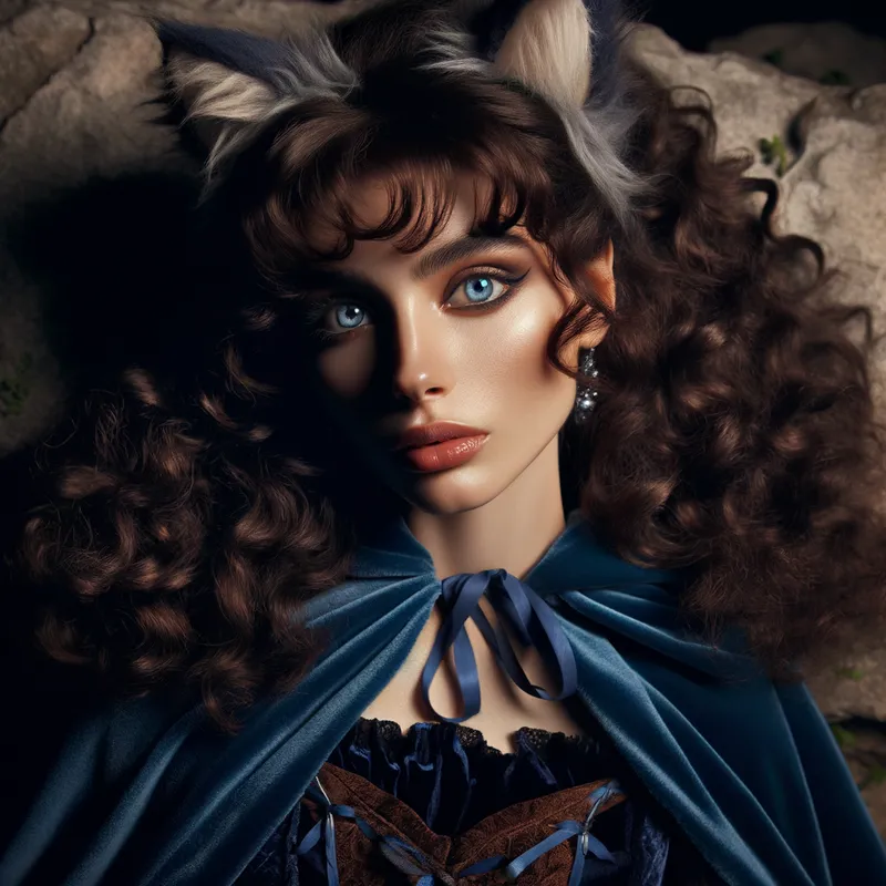 Fallen Wolf Girl in Blue - A fantasy scene depicting a woman with blue eyes, curly brown hair and bangs, donned in a deep blue cloak. She lays prone on a rocky surface, her wolf ears exposed, and her face frozen in a look of utter betrayal as shadows cross her features in dramatic light. - AI image generated with Art
