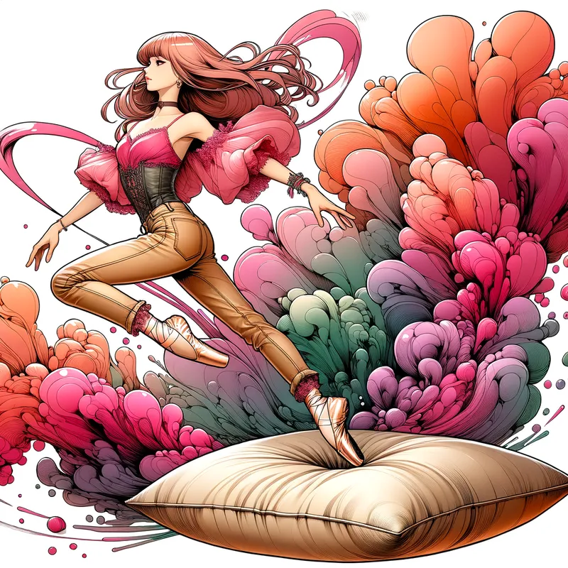 Falling Elegance - A beautiful anime ballerina wearing a pink blouse, beige leather jeans, and black ballet pointe shoes, falling in midair, about to land on a giant comfy pillow. Digital art. Anime. Illustration. - AI image generated with Art - alcohol ink, cartoony, colorful