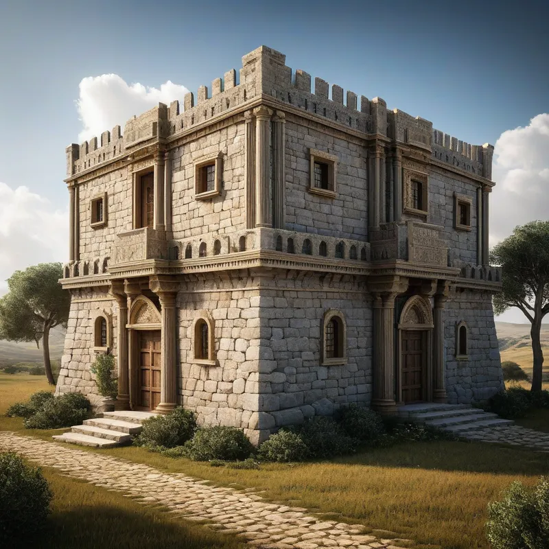 Familial Fortress - A sturdy, fortified dwelling with a strong, imposing presence, symbolizing the enduring strength and resilience of the House of Aaron. - AI image generated with Photorealistic