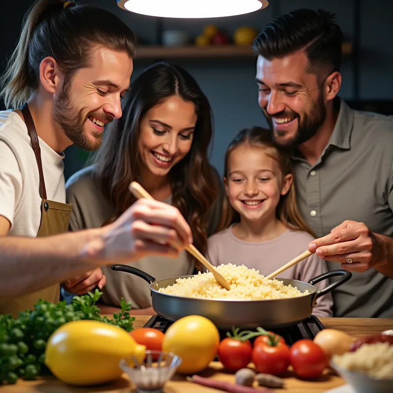 Family Cooking Milanese Risotto - A heartwarming scene of a family cooking Milanese risotto together in a modern kitchen, with parents and children smiling and stirring the pot, surrounded by fresh ingredients and spices. - AI image generated with Photorealistic 2