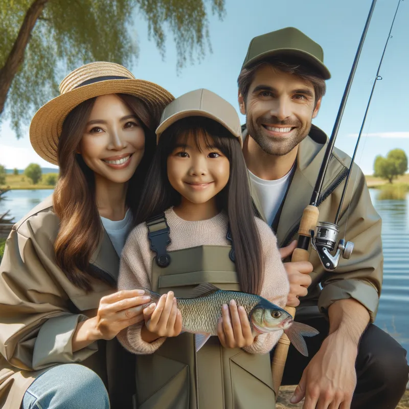 Family Fishing Adventure - A heartwarming scene of a young girl and her parents on a fishing trip. The girl is holding a freshly caught fish, and they are all dressed in matching fishing attire, surrounded by lush greenery. - AI image generated with Art