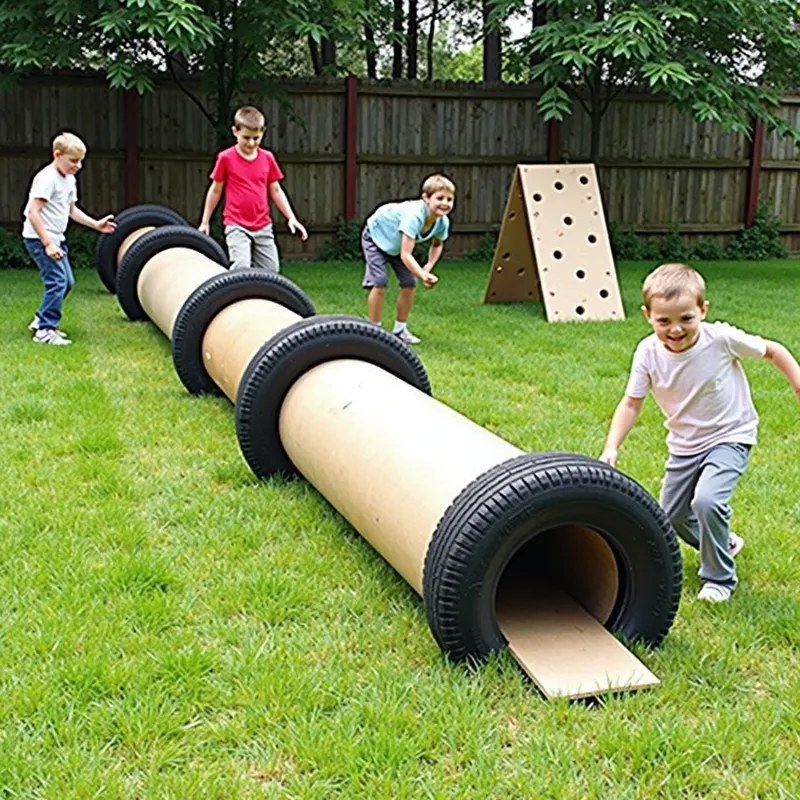 Family Fun Obstacle Course - Children and adults navigating a backyard obstacle course featuring tires to jump through, a small wooden climbing wall, and a tunnel made from a large cardboard box. - AI image generated with Photorealistic 2
