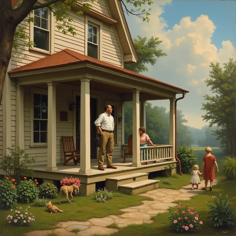 Family Fun in the Garden - 1600.Man.Standing on the porch.Of this House.Watching his kids and wife.As they run and play in the garden. - AI image generated with Photorealistic 2