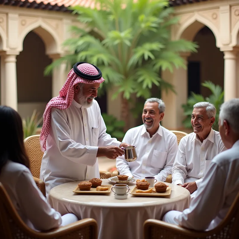Family Gathering with Omani Coffee - An elderly Omani man serving coffee to family members during a traditional gathering in a beautifully adorned courtyard, laughter and smiles all around, traditional Omani architecture and lush greenery in the background. - AI image generated with Photorealistic 2