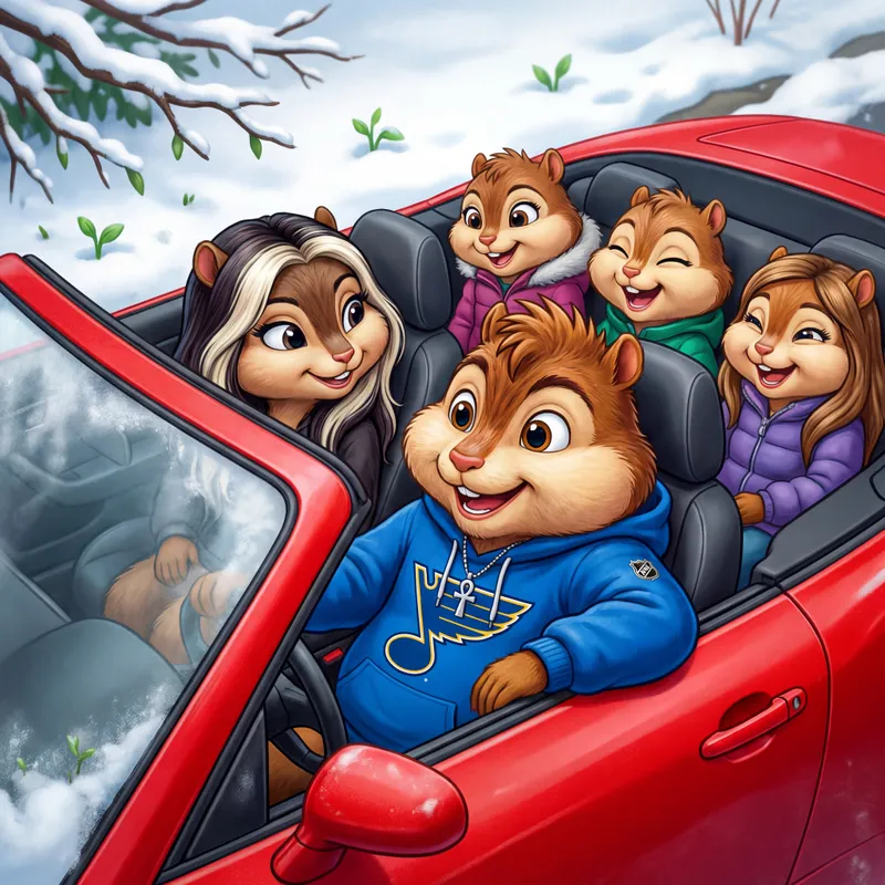 Family Joyride in Winter - A very big eyed, bubbly male chipmunk with spiky brown hair sits relaxed in the driver's seat of a sporty red car. He sports a St Louis Blues hoodie and a necklace with an ankh pendant. His bubbly, big eyed wife with long dark hair and platinum blonde highlights sits in the passenger seat, smiling brightly. In the backseat, their three big eyed, bubbly daughters (aged 11, 13, and 16) are laughing together. The weather outside is wintry with hints of cold, but small green sprouts push through the snow, signaling new life. The atmosphere feels joyful and loving, capturing a delightful family outing. - AI image generated with 4K Pro - vivid colors, highlights: Nikon D700, Nikkor 50mm 1.8, cartoony