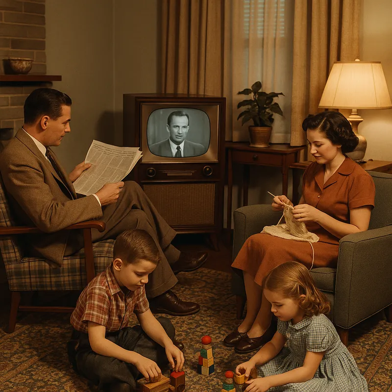 Family Life in the 1950s Living Room - A realistic depiction of daily life in the 1950s. A family gathered around a vintage television set in a cozy living room, with mid-century modern furniture and decor. The father is reading a newspaper, the mother is knitting, and the children are playing with classic toys on a patterned rug. Soft, warm lighting from a table lamp adds to the nostalgic atmosphere. - AI image generated with GPT Image