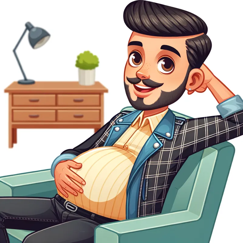 Family Man Diddy - A whimsical illustration of P Diddy with a pregnant belly, in a casual, relaxed home environment, perhaps with a hint of joy and anticipation on his face. - AI image generated with Art