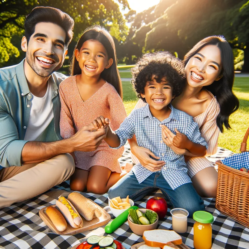 Family Picnic - A family of four enjoying a sunny picnic in a green park with a checkered blanket, basket of food, and children playing with a frisbee. - AI image generated with Art