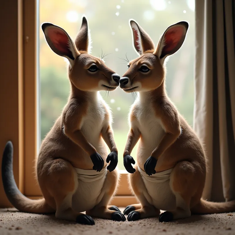 Family Relaxation Time - Muscular kangaroos wearing snug diapers sharing a cozy moment inside their home as rain gently taps against the windows. - AI image generated with Photorealistic 2