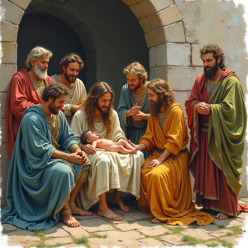 Family Welcomes Baby Patrick - A family gathering in a Roman-British settlement in 385 AD, where baby St Patrick is cradled by his parents, surrounded by jubilant family members in traditional, ancient attire. - AI image generated with Photorealistic 2 - aquarelle