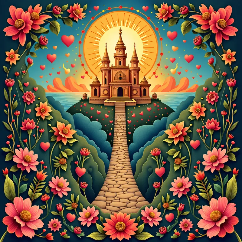 Fantastical T'boli Brass Land - An extraordinary illustration of T'boli brassware elements transformed into a magical landscape with love hearts, flowers, and swirling patterns. Traditional Filipino colors add vibrancy, while subtle cultural references such as Filipino architecture and folklore motifs create a unique cultural flair. - AI image generated with Photorealistic 2