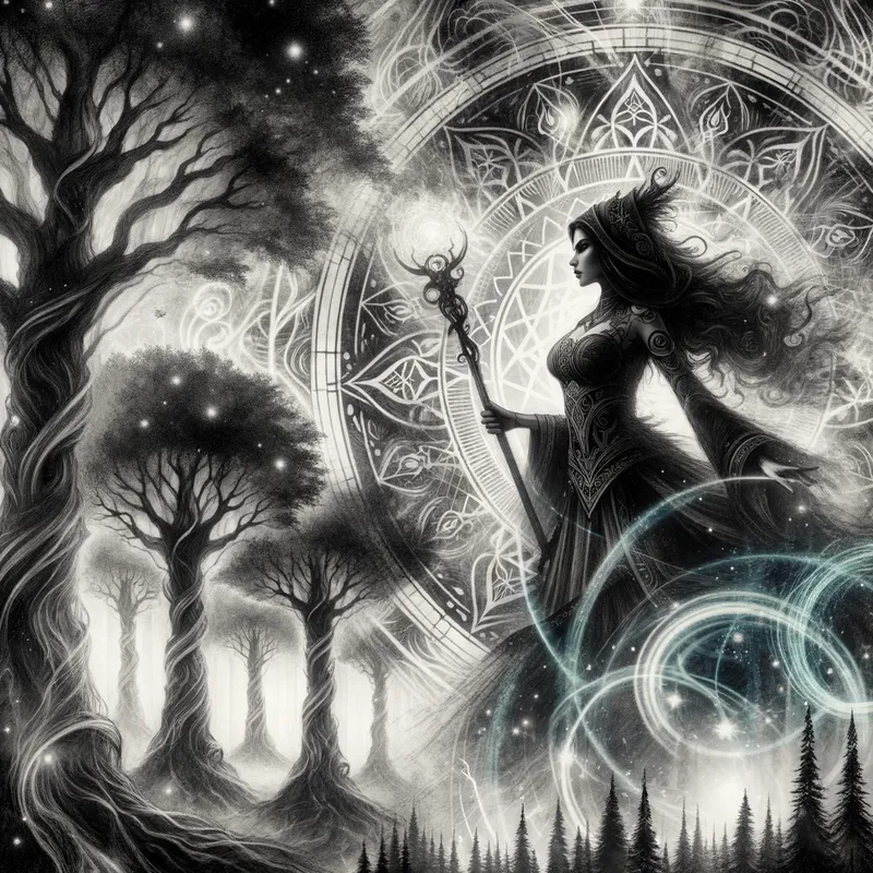 Fantasy Baddie - A powerful sorceress with a dark, mystical aura, holding a glowing staff and surrounded by swirling magic in an enchanted forest with ancient, towering trees. - AI image generated with Art - pencil drawing, double exposure