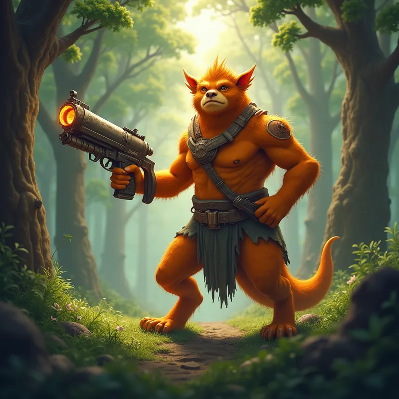 Fantasy Defender of the Trees - A fictional orange guardian creature in a magical forest clearing, posed heroically with a decorative fantasy-style prop firearm, glowing truffula-like trees, cinematic fantasy art, detailed background, dynamic atmosphere - AI image generated with Photorealistic 2