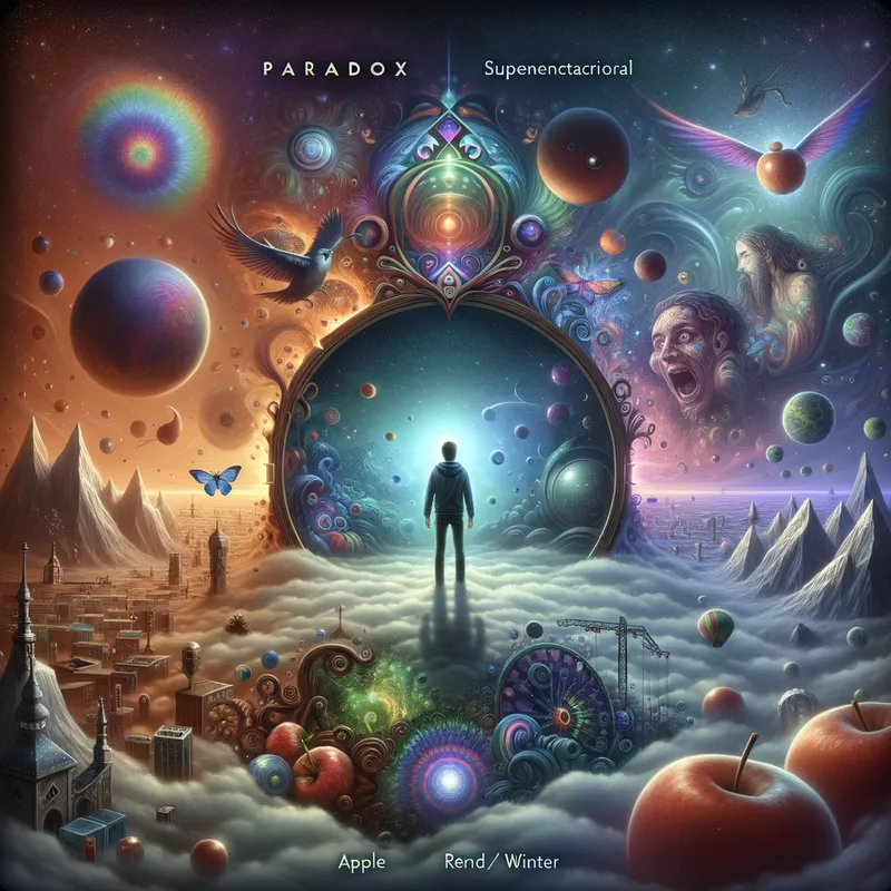 Fantasy Dreamscape - An imaginative album cover featuring 'UNI' exploring a dreamlike fantasy world filled with surreal elements and supernatural visuals. The title track 'Paradox' is prominently displayed like a portal, with side tracks 'Apple, Red, Winner, Winter, and Supernatural' blending into the dreamscape aesthetic. - AI image generated with Art