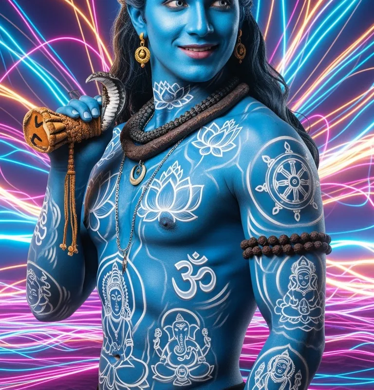 Fantasy Enlightenment: Neon Blue Shiva - A surreal, high-resolution image featuring a young, handsome Shiva with vibrant blue skin, decorated in detailed body art blending Buddhism and Hinduism. The background pulses with radiant neon and lumen effects. Rendered in a professional photography style, Shiva stands full-length in a half-turned pose, body in crisp focus, his smirk mischievous. The medium plan showcases the hyperreal body and intricate aesthetics, evoking a blend of fantasy and spirituality. - AI image generated with Imagen 4 Ultra