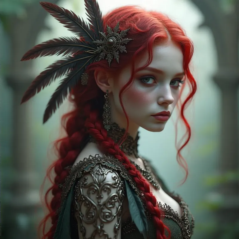 Fantasy Girl with Metalwork & Feathers - A beautiful pale skin girl with intricate metalwork and feathers in her strawberry red hair, dark fantasy, fantasy, full body portrait, photo realistic, cinematic lighting, bokeh, octane render --ar 1:2 --style raw - AI image generated with HiDream Full - dynamic pose, photorealistic, fantasy art