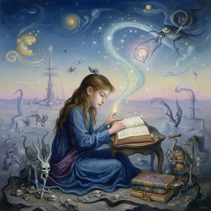 Fantasy Magic Study, Dali Style - A girl studying magic - AI image generated with Flux 2 - fantasy art, Salvador Dali