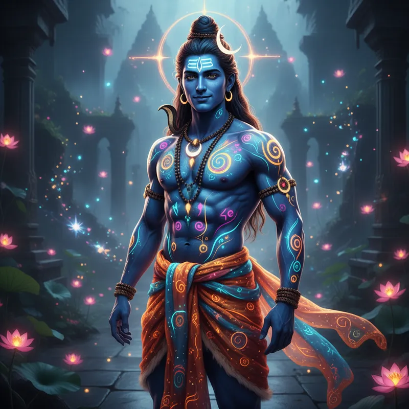 Fantasy Neon Aesthetic Shiva - A high-resolution, hyperrealistic image of a young, attractive Shiva with deep blue skin. Elaborate neon and lumen designs adorn his body art, emphasizing the spiritual aesthetics of Hinduism and Buddhism. Captured in a professional photo, he stands in a full-length, medium shot, half-turned with a subtle smirk, focusing on the beauty and detail of his physique. - AI image generated with Nano Banana