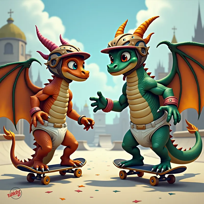 Fantasy Skatepark Showdown - Two muscular dragons, both wearing thick diapers and distinctively designed bicycle helmets, competing in a skateboarding competition at a fantastical skatepark with mystical elements. - AI image generated with Photorealistic 2