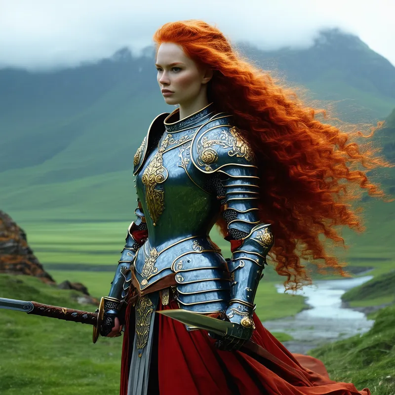 Fantasy Warrior - A fierce red-haired warrior standing triumphantly; her detailed armor reflecting her bravery and the mystic lands behind her.