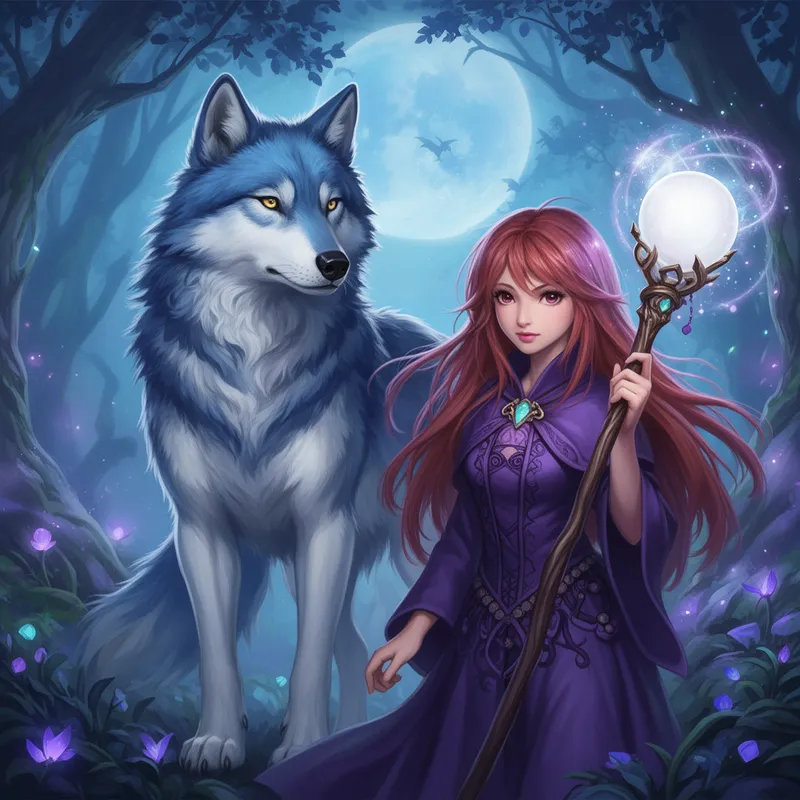 Fantasy Witch and Blue Wolf Duo - A blue and white wolf and a young witch with long reddish purple hair holding a magical staff with a white sphere - AI image generated with Flux 2 - vivid colors, fantasy art