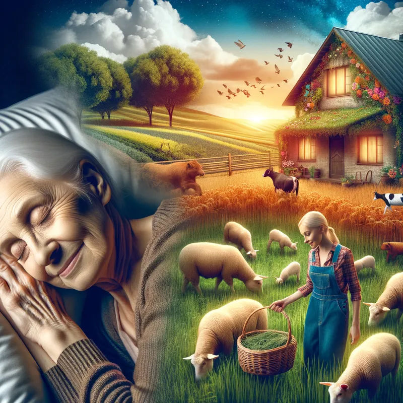 Farm Dreamscape - A split image where the lower part shows an elderly woman peacefully asleep in her cottage, and the upper part transitions into her vibrant dream. In her dream, she is surrounded by various farm animals, all of which she is lovingly tending to. The scene is bright and full of life, with vivid colors portraying fields, animals, and a warm farmhouse in the background. - AI image generated with Art