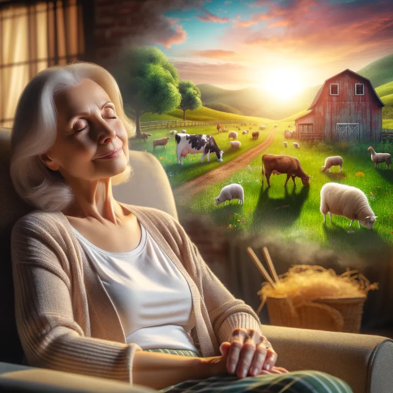 Farm Life Dream - An old woman sitting in a cozy armchair, her eyes closed in a serene dream. Background fades into a vibrant, sun-drenched farm with green pastures, grazing animals like cows, sheep, and chickens, and a rustic barn. The woman's expression is peaceful and content, embodying her dream of a life on the farm caring for animals. - AI image generated with Art