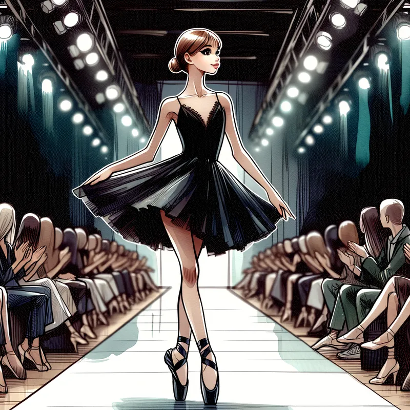 Fashion Show Elegance - A ballerina, adorned in a chic black corset, strides confidently en pointe down the runway at a fashion show. Her ballet pointe shoes add to the grace, all captured in a digital art anime illustration. - AI image generated with Art - alcohol ink, cartoony, colorful
