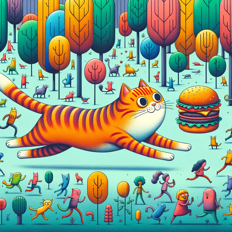 Fast Food Pursuit - A whimsical image of a case energetically chasing a cheeseburger through a park filled with quirky characters and colorful trees. - AI image generated with Art