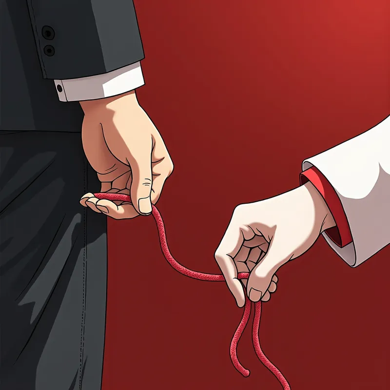 Fate's Red Thread Anime - 3D anime-style drawing of the red thread of fate. The hand of a boy holds one end of the red thread. The white hand of the girl holds the other end. - AI image generated with Photorealistic 2