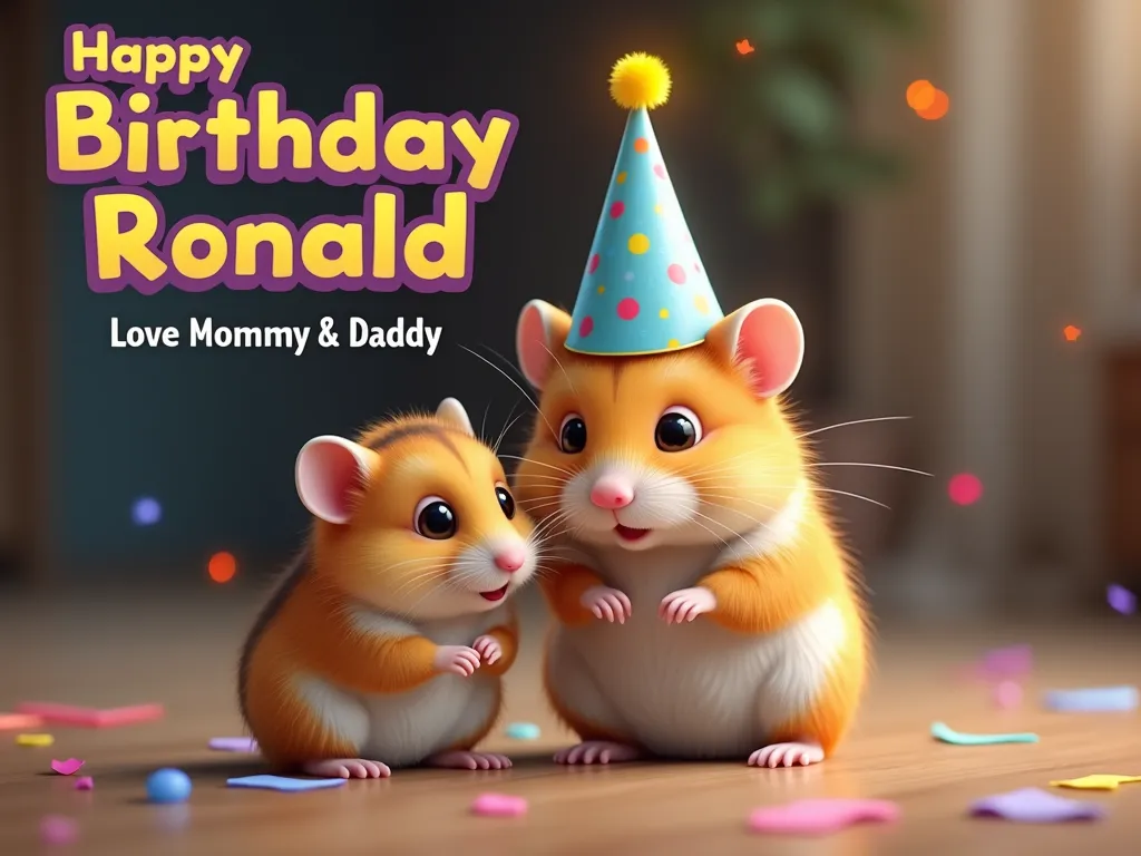 Father and Son Hamster Birthday Party - A heartwarming image of a father hamster and his son celebrating a birthday. The young hamster is wearing a festive party hat, and colorful text in the background reads 'Happy Birthday Ronald, Love Mommy & Daddy'. The atmosphere is joyful and filled with decorations. - AI image generated with Photorealistic 2