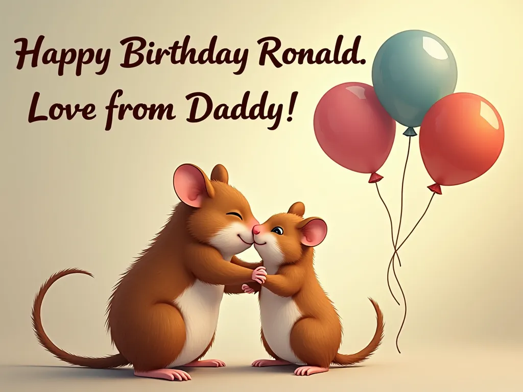 Father and Son Hamsters - A touching moment between two hamsters, the father and son, during the son's birthday celebration. The image shows the father hamster giving a heartfelt hug to his son. In the air, the words 'Happy Birthday Ronald. Love from Daddy' are formed with cheerful balloons. - AI image generated with Photorealistic 2