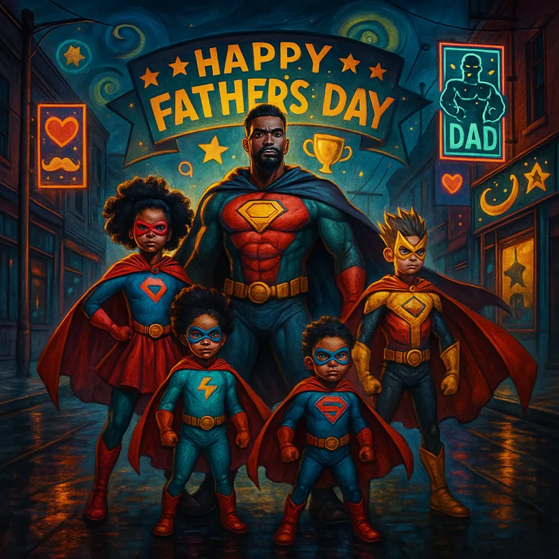 Father's Day Heroes United - A compelling image of a black single father and his two daughters and two sons, all bearing their unique superhero costumes, standing together ready to face any challenge. Around them, decorations and symbols celebrate Father's Day, emphasizing their familial bond and heroic spirit. - AI image generated with GPT Image - dynamic pose, deserted street at night, cyberpunk