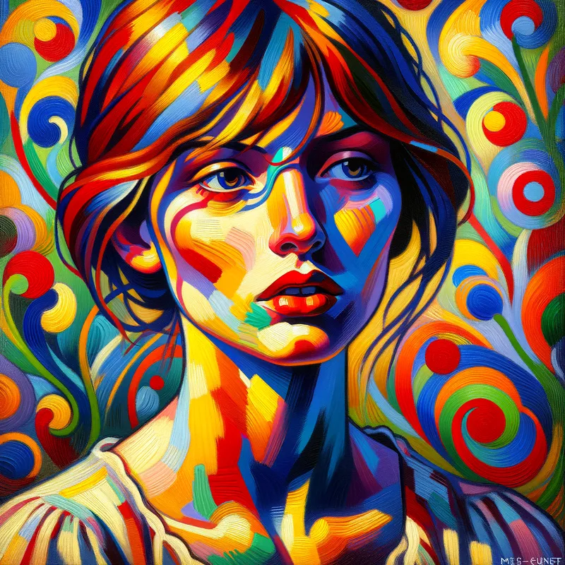 Fauvist Muse in Shadow - A vibrant fauvist-style portrait of a young woman in three quarter view, her face dramatically divided by bold, colorful shadows. The background features a swirling, abstract floral wallpaper rendered in vivid reds, blues, and greens. - AI image generated with Art
